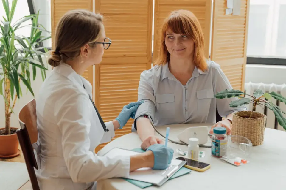 A veterinarian discussing a dog&#x27;s temperament with its owner during a checkup