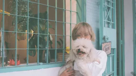 Dog in kitchen with owner