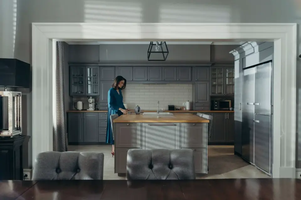 Dog in kitchen with owner