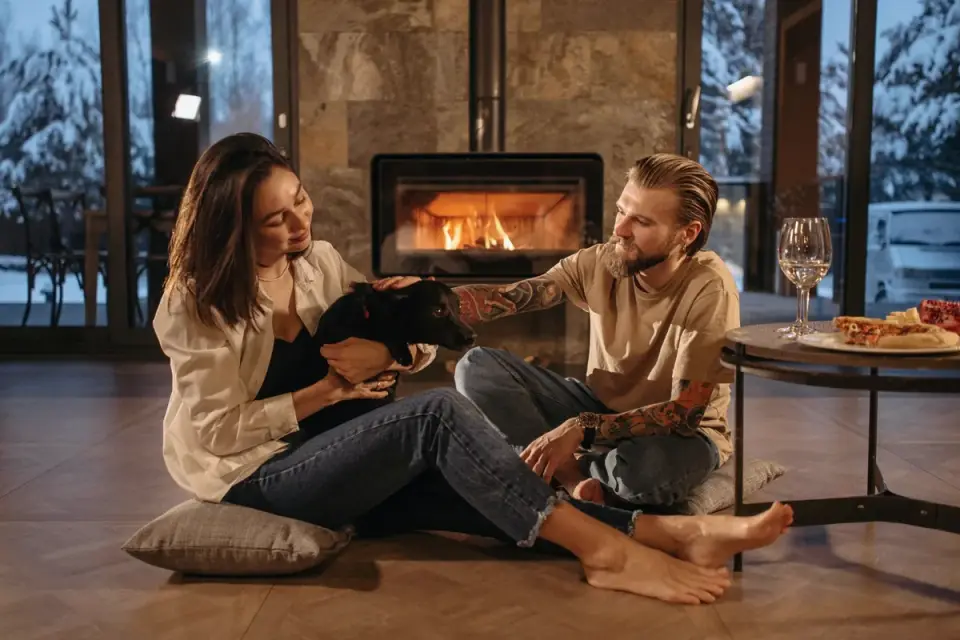 Dog near a fireplace